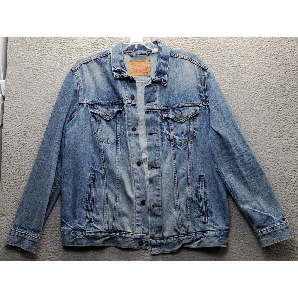 Levi's Trucker Jacket Mens XL Blue Denim Red Tab Long Sleeve Collar Button-Front